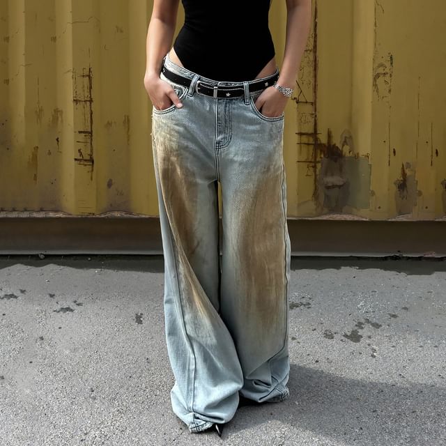 BrickBlack-Mid Rise Washed Wide Leg Jeans