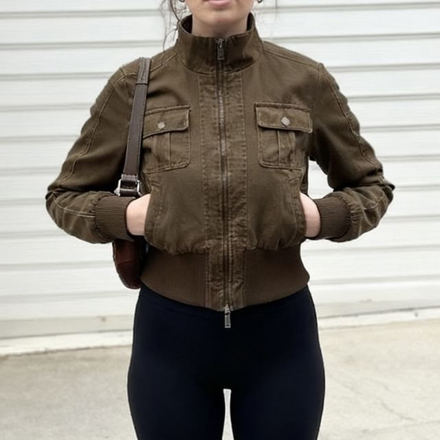 BrickBlack-Mock Neck Zip-Up Plain Crop Jacket