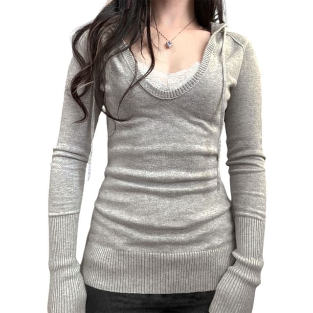 BrickBlack-Mock Two-Piece Long-Sleeve Drawstring Hooded Lace Panel Knit Top
