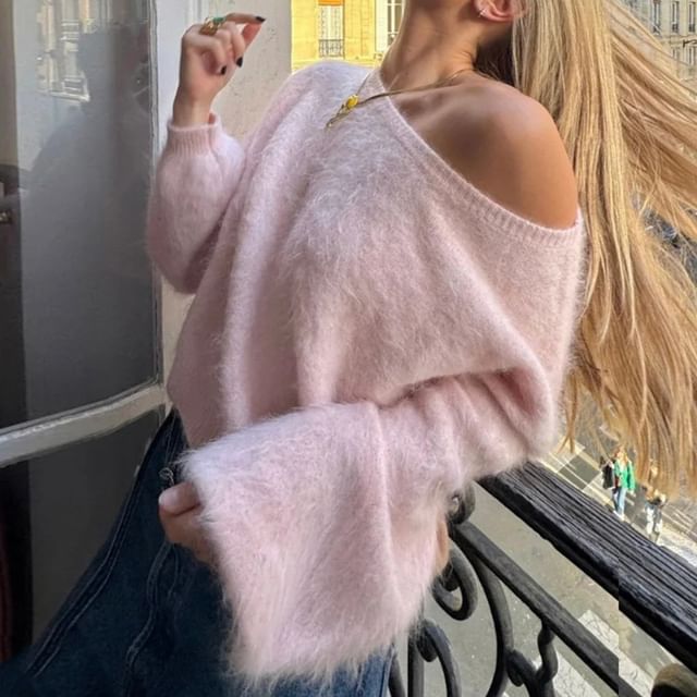BrickBlack-Off Shoulder Furry Sweater