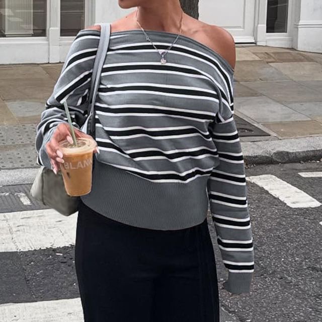 BrickBlack-Off-Shoulder Striped Sweater