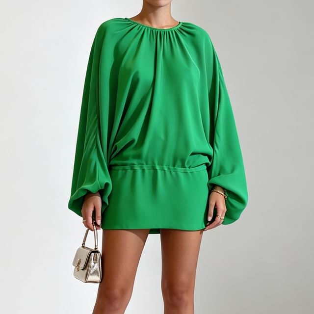 BrickBlack-Puff Long-Sleeve Round Neck Plain Ruched Drawstring Waist Backless Mini Sheath Dress