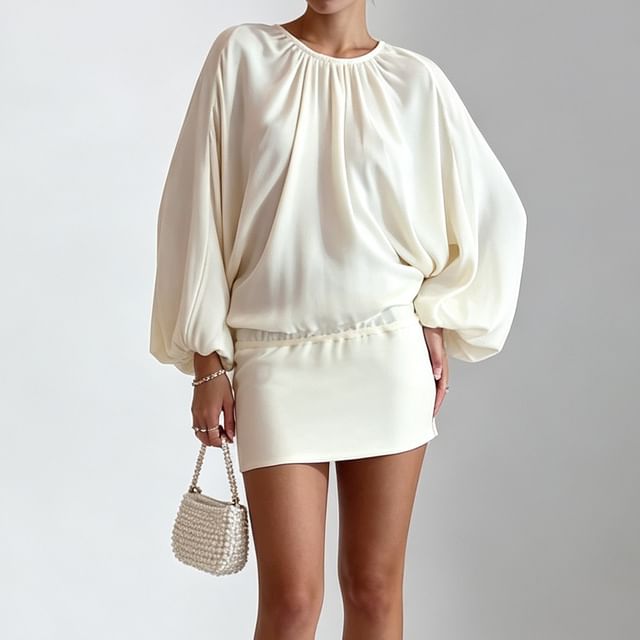 BrickBlack-Puff Long-Sleeve Round Neck Plain Ruched Drawstring Waist Backless Mini Sheath Dress