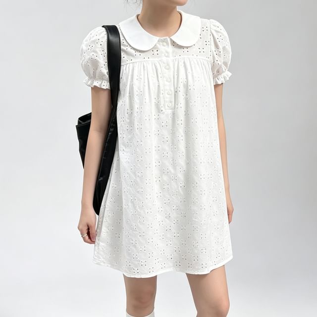 BrickBlack-Puff Short-Sleeve Peter Pan Collar Half-Buttoned Eyelet Lace Mini Smock Dress