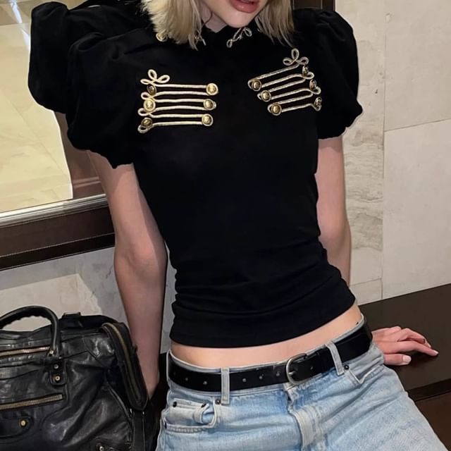 BrickBlack-Puff-Sleeve Frog Buttoned Stand Collar Crop Tee
