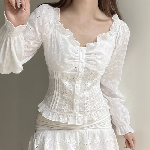 BrickBlack-Puff-Sleeve Sweetheart-Neckline Ruffled Button-Up Eyelet Lace Blouse
