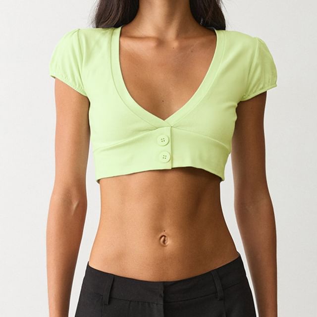 BrickBlack-Puff Sleeve V-Neck Plain Button Detail Crop Top