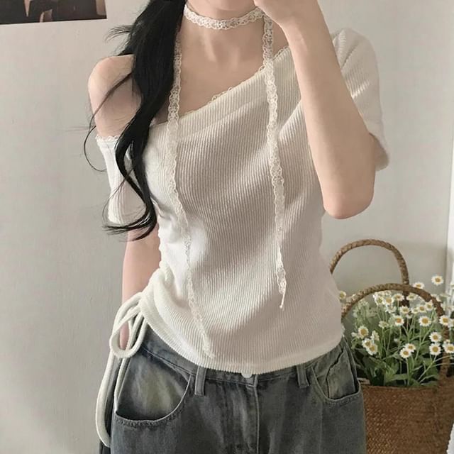 BrickBlack-Short Sleeve One Shoulder Plain Lace Trim Drawstring Top