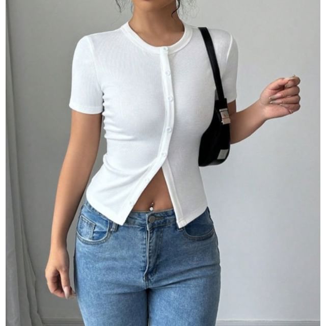 BrickBlack-Short Sleeve Plain Button Up Slim-Fit Top