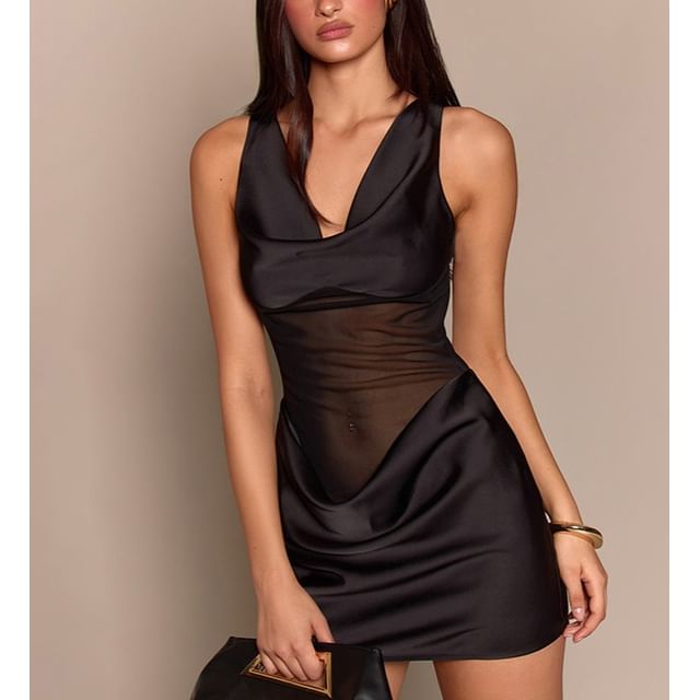 BrickBlack-Sleeveless Cowl Neck Plain Mesh Panel Satin Mini Bodycon Dress