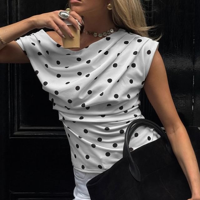 BrickBlack-Sleeveless One Shoulder Dotted Ruched Top