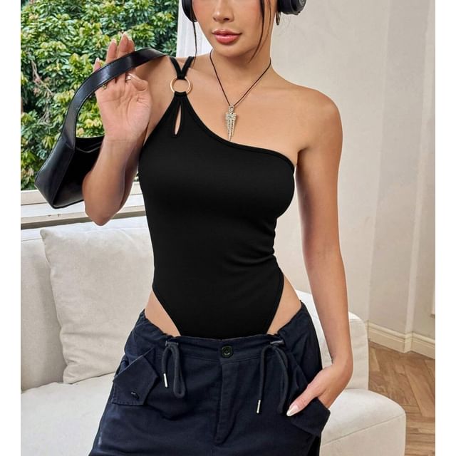BrickBlack-Sleeveless One Shoulder Plain Bodysuit