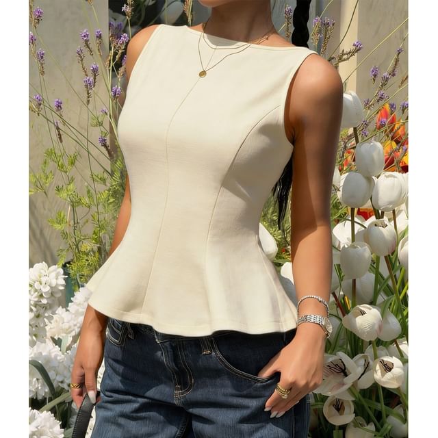 BrickBlack-Sleeveless Plain Open-Back Peplum Top