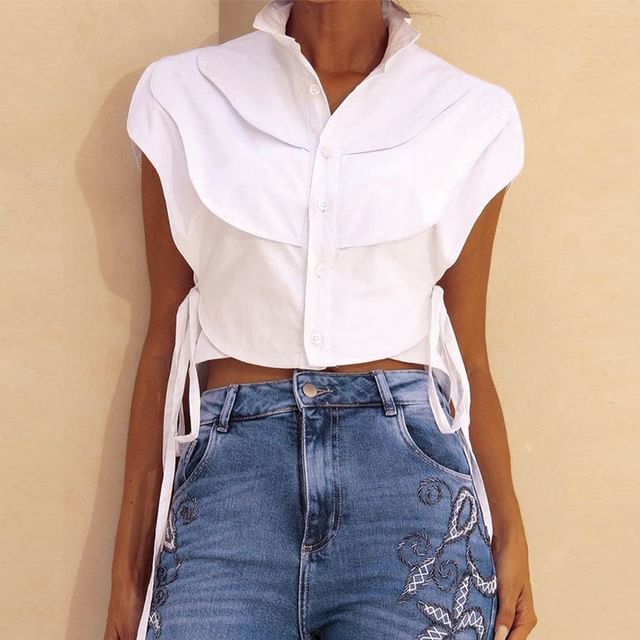 BrickBlack-Sleeveless Plain Side Drawstring Crop Shirt