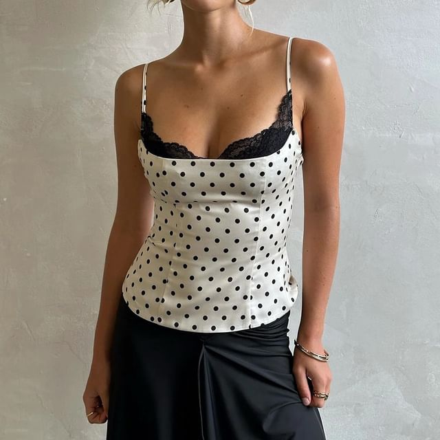 BrickBlack-Spaghetti Strap Dotted Lace Trim Camisole Top