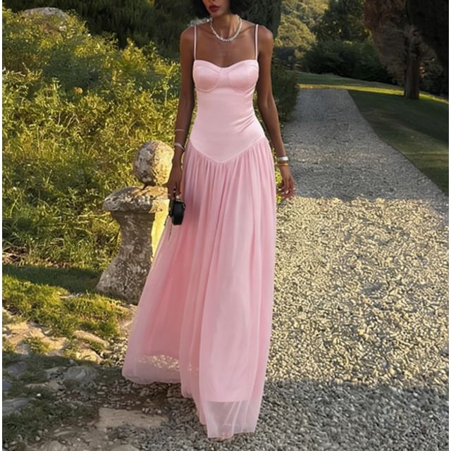 BrickBlack-Spaghetti Strap Plain Sheer Panel Maxi A-Line Dress