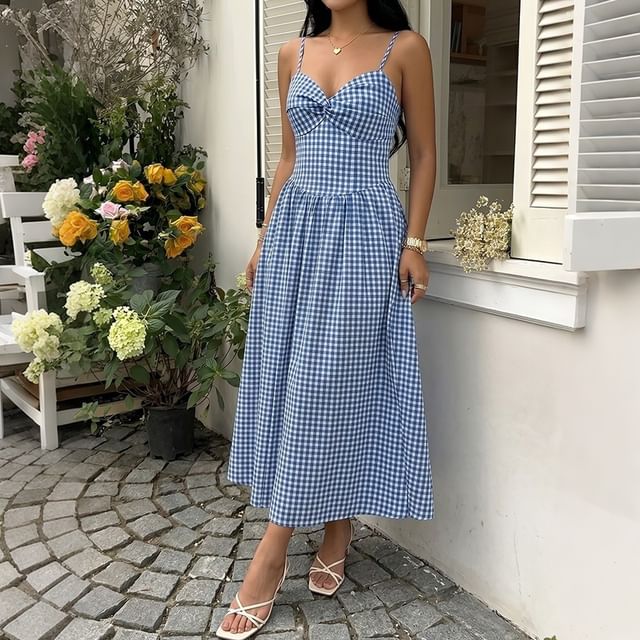 BrickBlack-Spaghetti Strap V-Neck Gingham Midi A-Line Dress