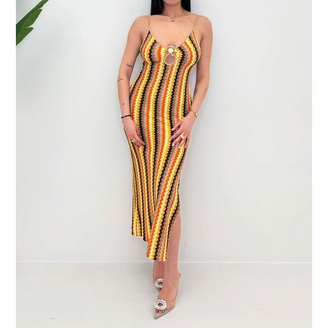 BrickBlack-Spaghetti Strap V-Neck Zigzag Color-Block Slit Midi Bodycon Dress