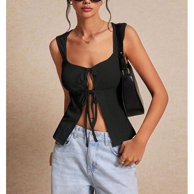 BrickBlack-Square Neck Plain Tie-Front Slim-Fit Tank Top