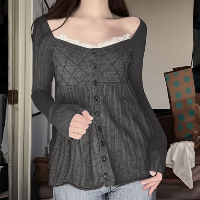 BrickBlack-Square Neck Pointelle Panel Lace Trim Cardigan