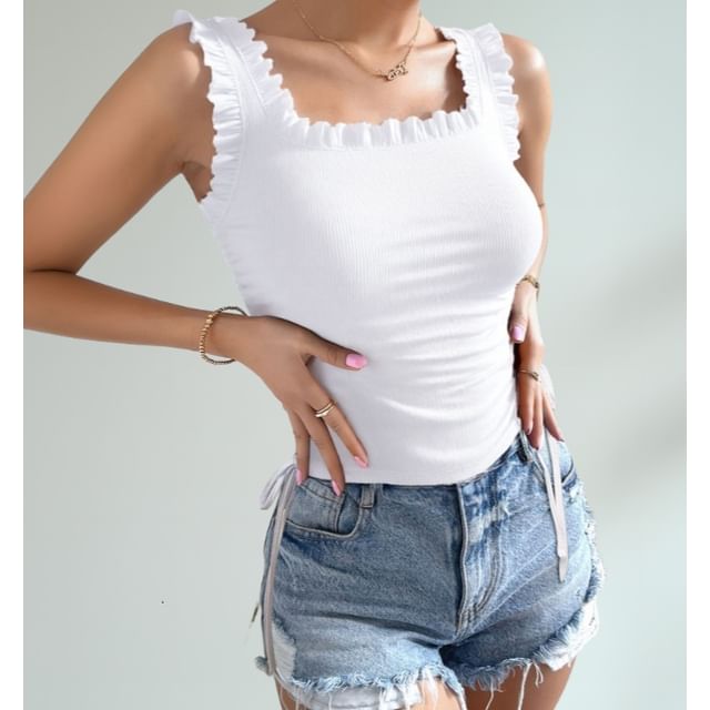 BrickBlack-Square Neck Ruffled-Trim Plain Side Drawstring Tank Top