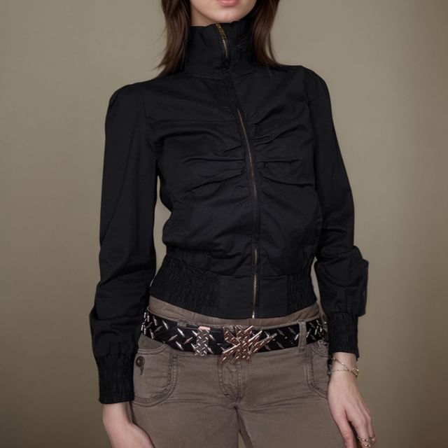 BrickBlack-Stand Collar Plain Ruched Zip Jacket