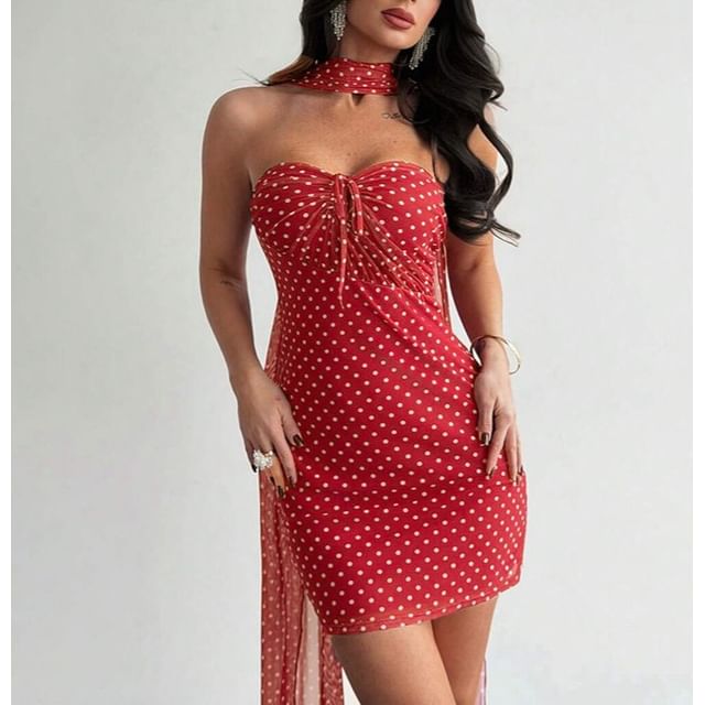 BrickBlack-Strapless Polka Dot Ruched Mini Bodycon Dress