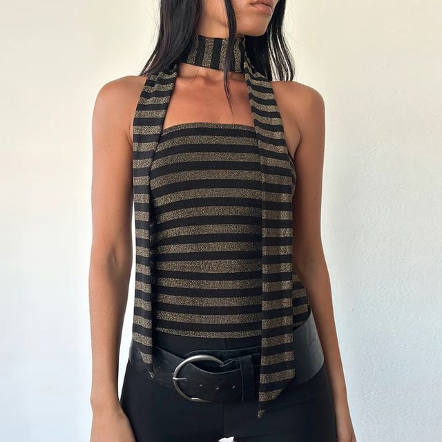 BrickBlack-Striped Tube Top with scarf