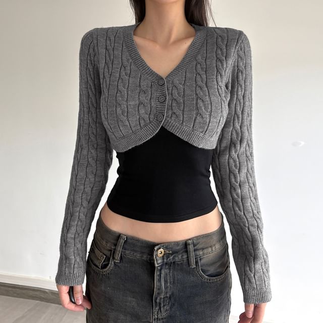 BrickBlack-V-Neck Cable Knit Button-Up Plain Shrug