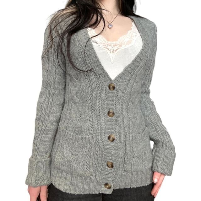 BrickBlack-V-Neck Melange Cable Knit Cardigan