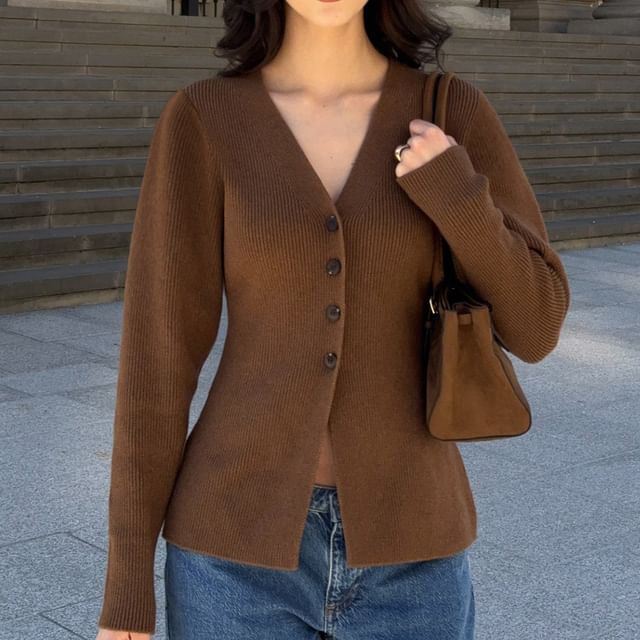 BrickBlack-V-Neck Plain Ribbed Cardigan