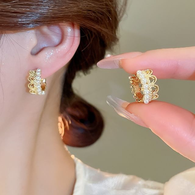 Calafa-Faux Pearl Hoop Earring