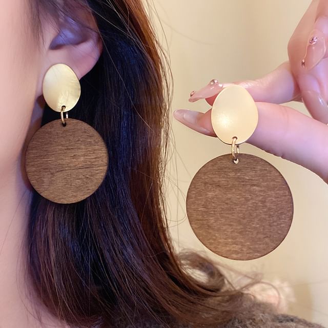 Calafa-Two Tone Disc Alloy Drop Statement Earring
