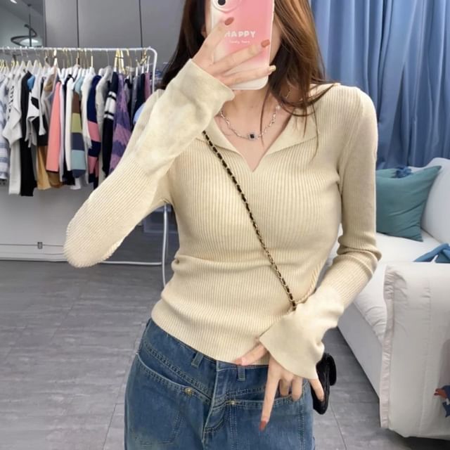 camikiss-Long Sleeve Collared Plain Ribbed Knit Top
