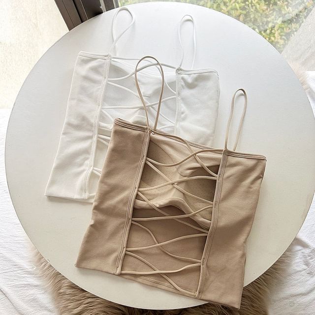 camikiss-Spaghetti Strap Plain Backless Camisole Top