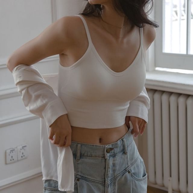 camikiss-Spaghetti Strap Scoop Neck Plain Crop Camisole