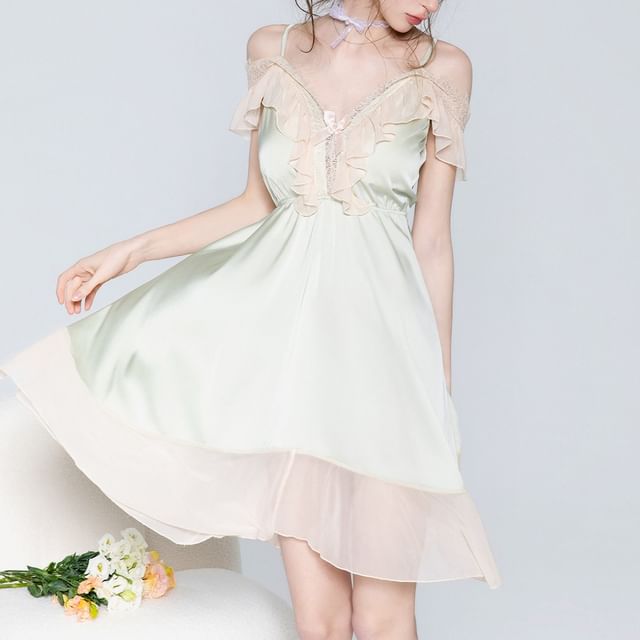 Candyiry-Cold Shoulder Bow Ruffle Mesh Panel Satin Nightdress