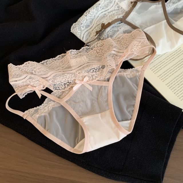 Candyiry-Plain Lace Trim Mesh Bikini Panties