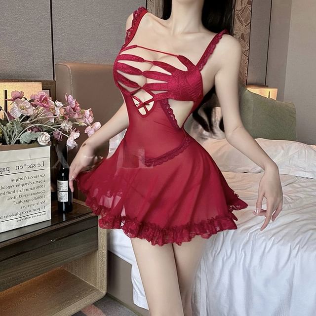 Candyiry-Set Plain Hand Cutout Lace Trim Mesh Babydoll G-String