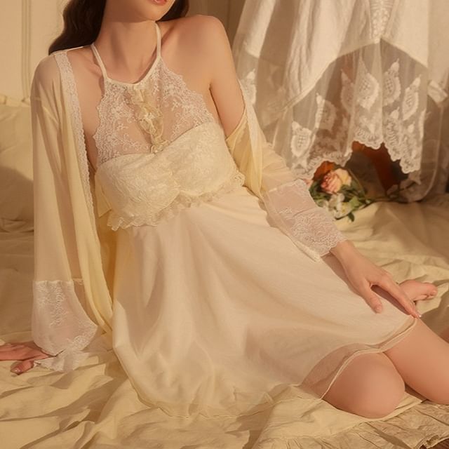 Candyiry-Spaghetti Strap Plain Panel Lace Nightdress Robe