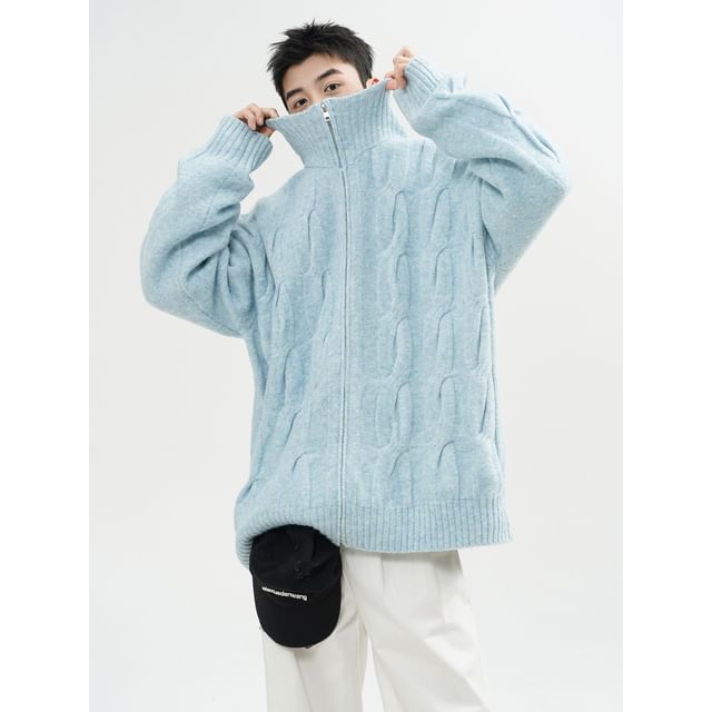 Capbrew-Stand Collar Plain Cable Knit Zip Jacket