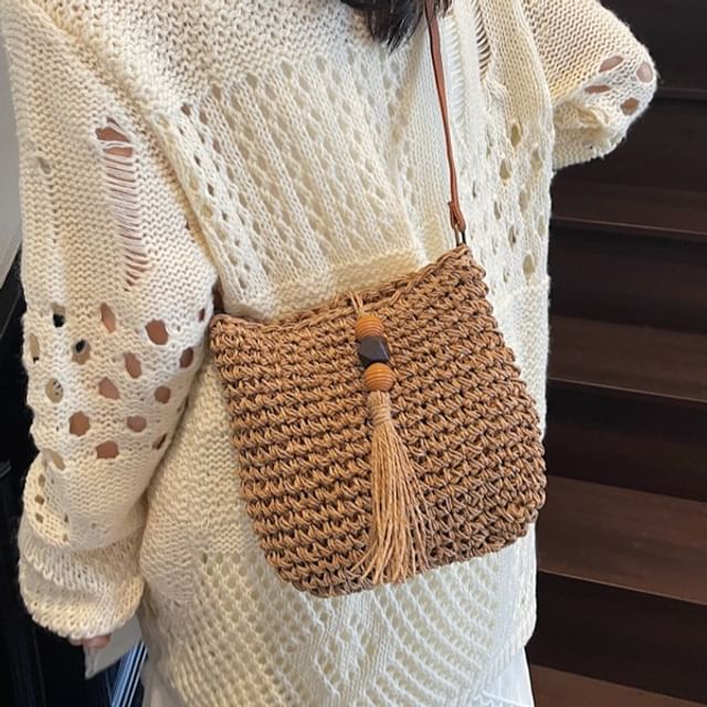 Chestnut Party-Tassel Straw Crossbody Bag