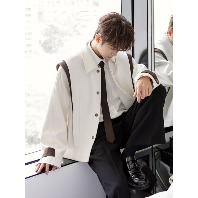 CHIC ERRO-Collared Two Tone Button-Up Plain Jacket