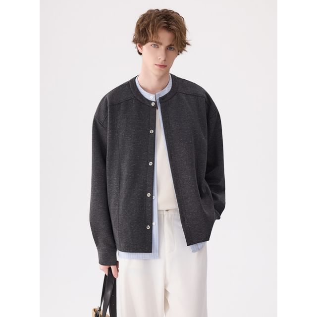 CHIC ERRO-Crewneck Button-Up Plain Jacket