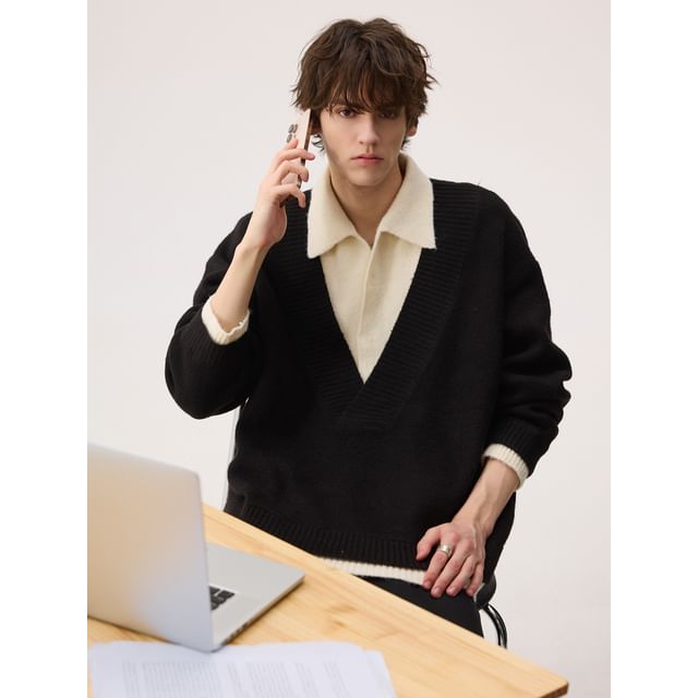 CHIC ERRO-Drop Shoulder Mock Two Piece Polo Sweater