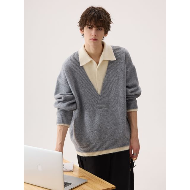 CHIC ERRO-Drop Shoulder Mock Two Piece Polo Sweater