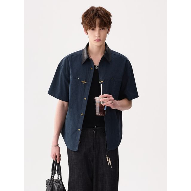 CHIC ERRO-Elbow-Sleeve Contrast Collar Buckled Button-Up Barn Jacket