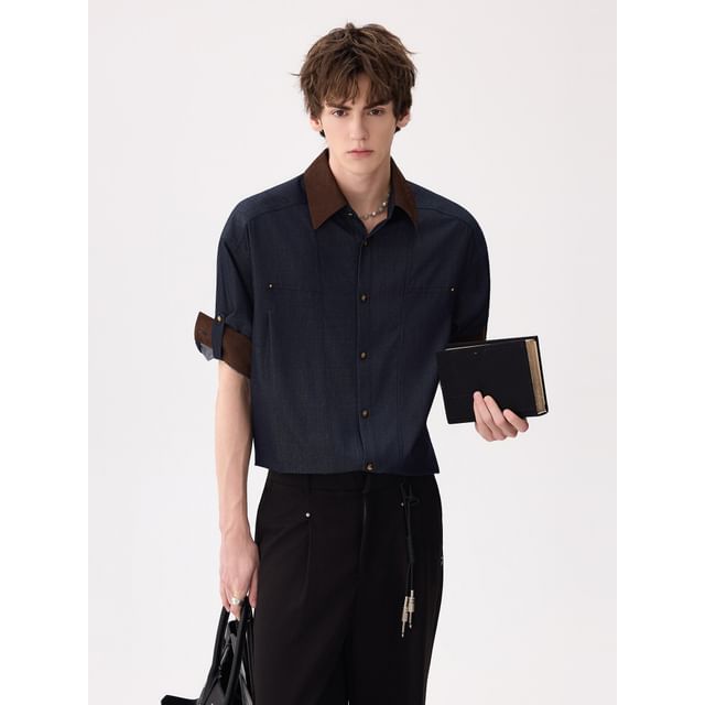 CHIC ERRO-Elbow-Sleeve Contrast Collar Button-Up Shirt