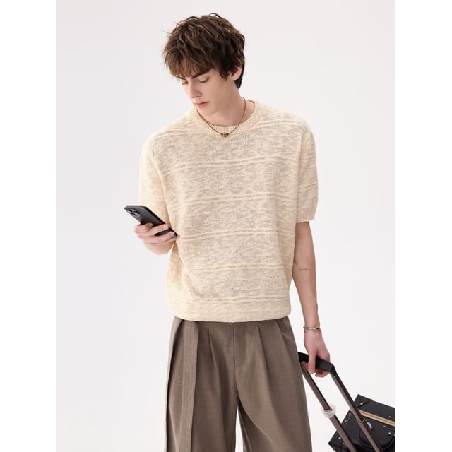 CHIC ERRO-Elbow-Sleeve Crew Neck Plain Knit Top