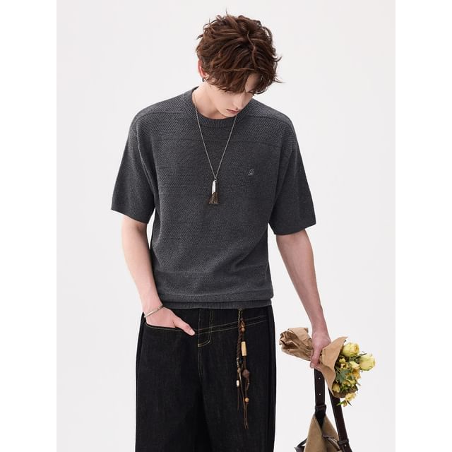 CHIC ERRO-Elbow-Sleeve Crew Neck Plain Perforated Knit Top